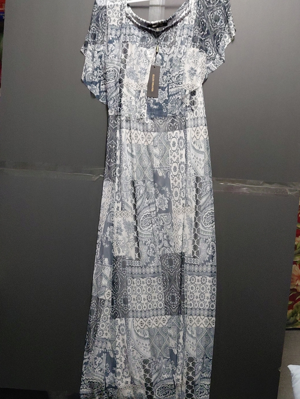Women's Blue and White Patterned Maxi Dress